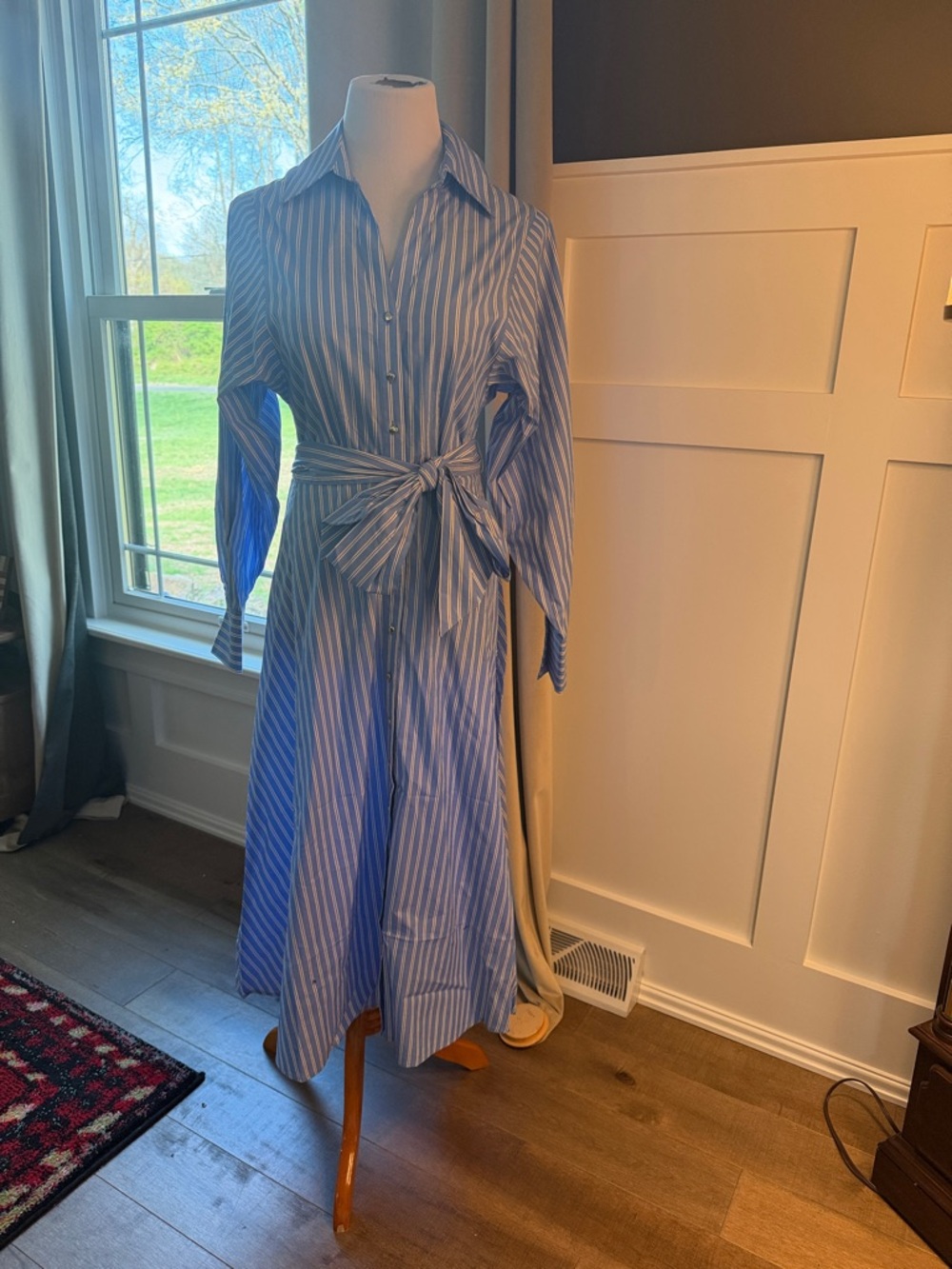 H&M Blue and White Striped Tie-Waist Long Sleeve Shirt Dress
